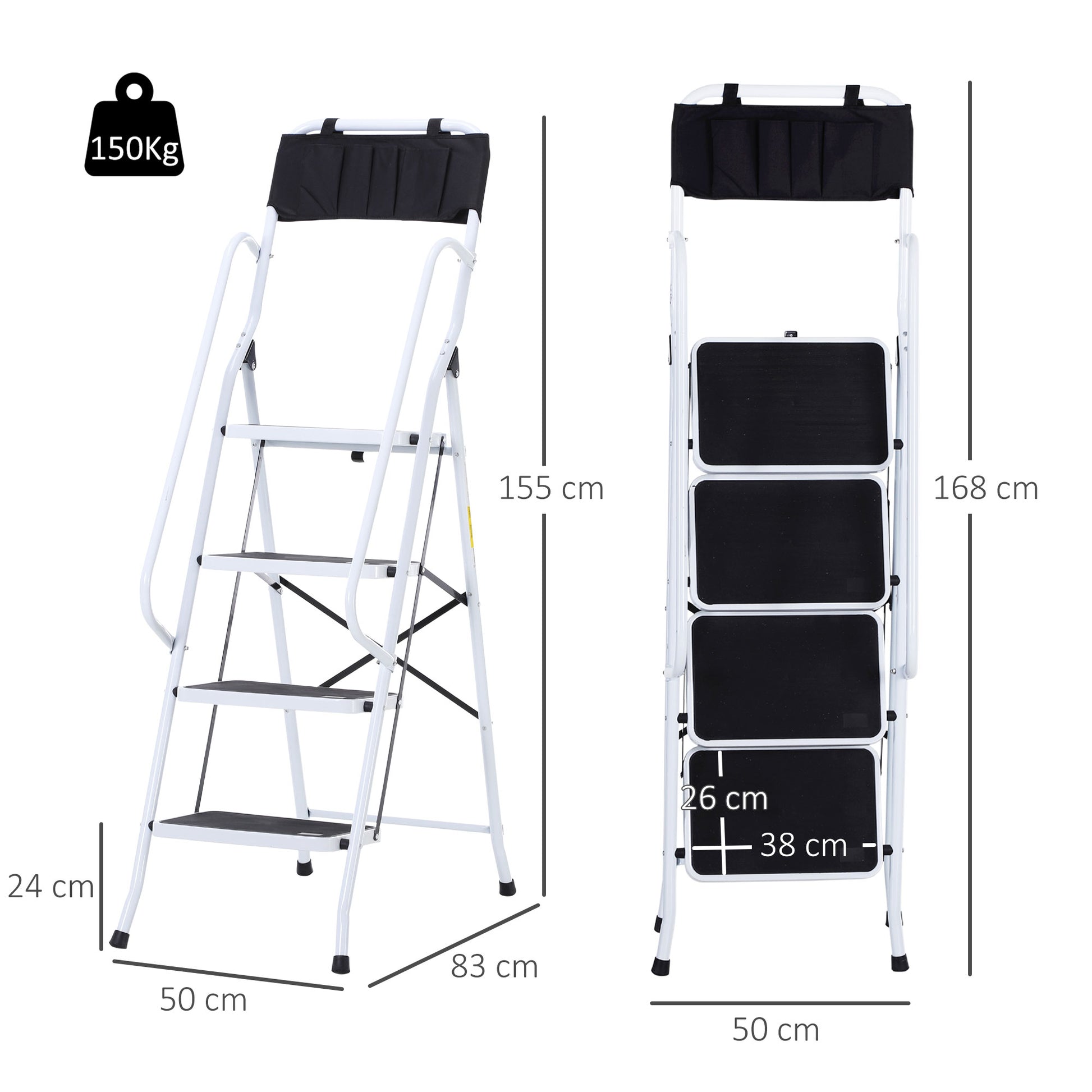 4-Step Foldable Steel Step Ladder with Handrails and Tool Holder 330 lbs Capacity 19.7x32.7x61 inches Black and White