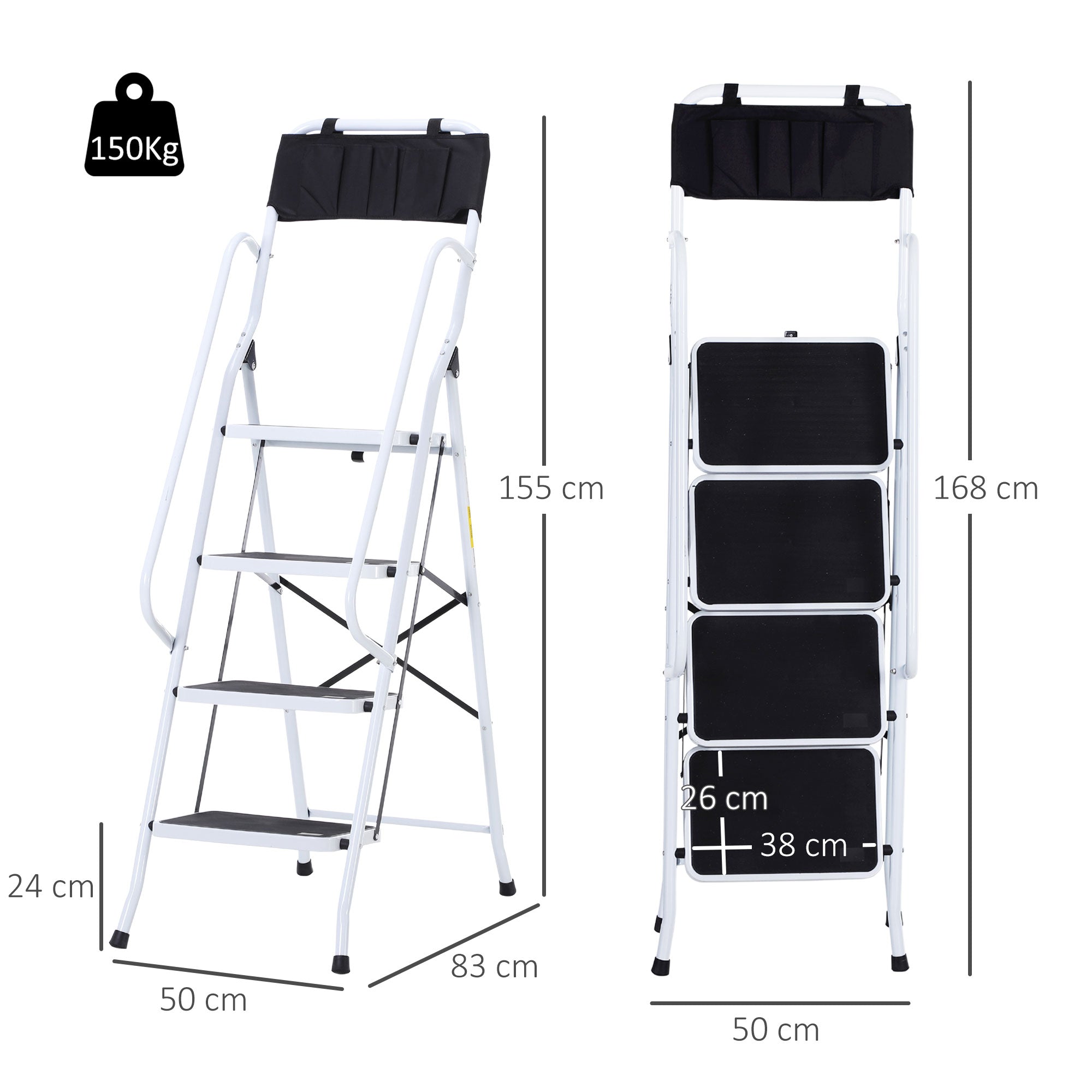 4-Step Foldable Steel Step Ladder with Handrails and Tool Holder 330 lbs Capacity 19.7x32.7x61 inches Black and White
