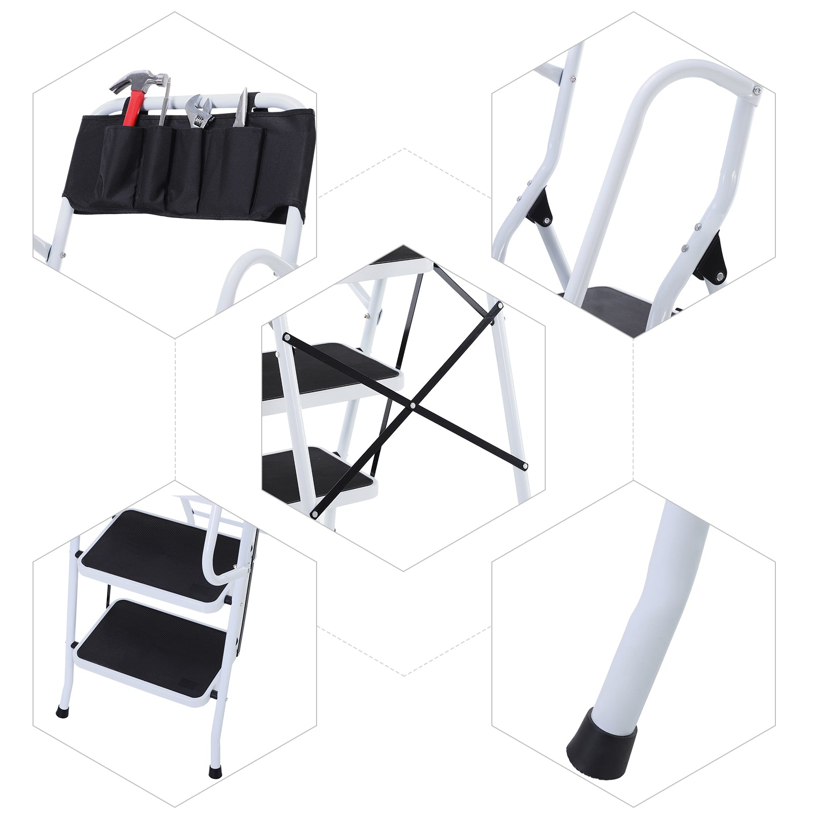 4-Step Foldable Steel Step Ladder with Handrails and Tool Holder 330 lbs Capacity 19.7x32.7x61 inches Black and White