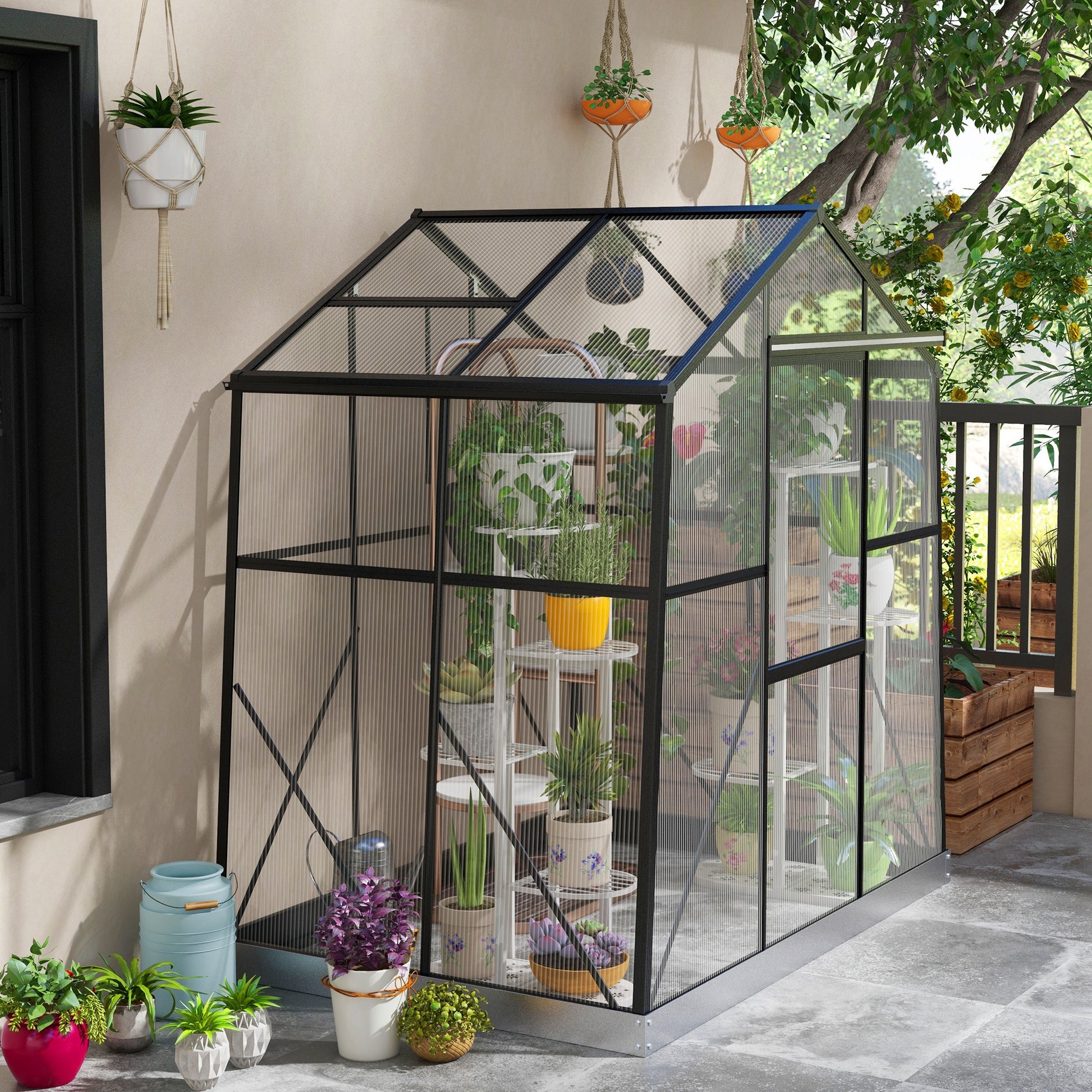 Greenhouse Aluminum 131 x 192 x 203 cm Greenhouse 2.51 m² Tomato House with Window, Sliding Door, Foundation, Plant Growing House for Garden, Balcony, Black
