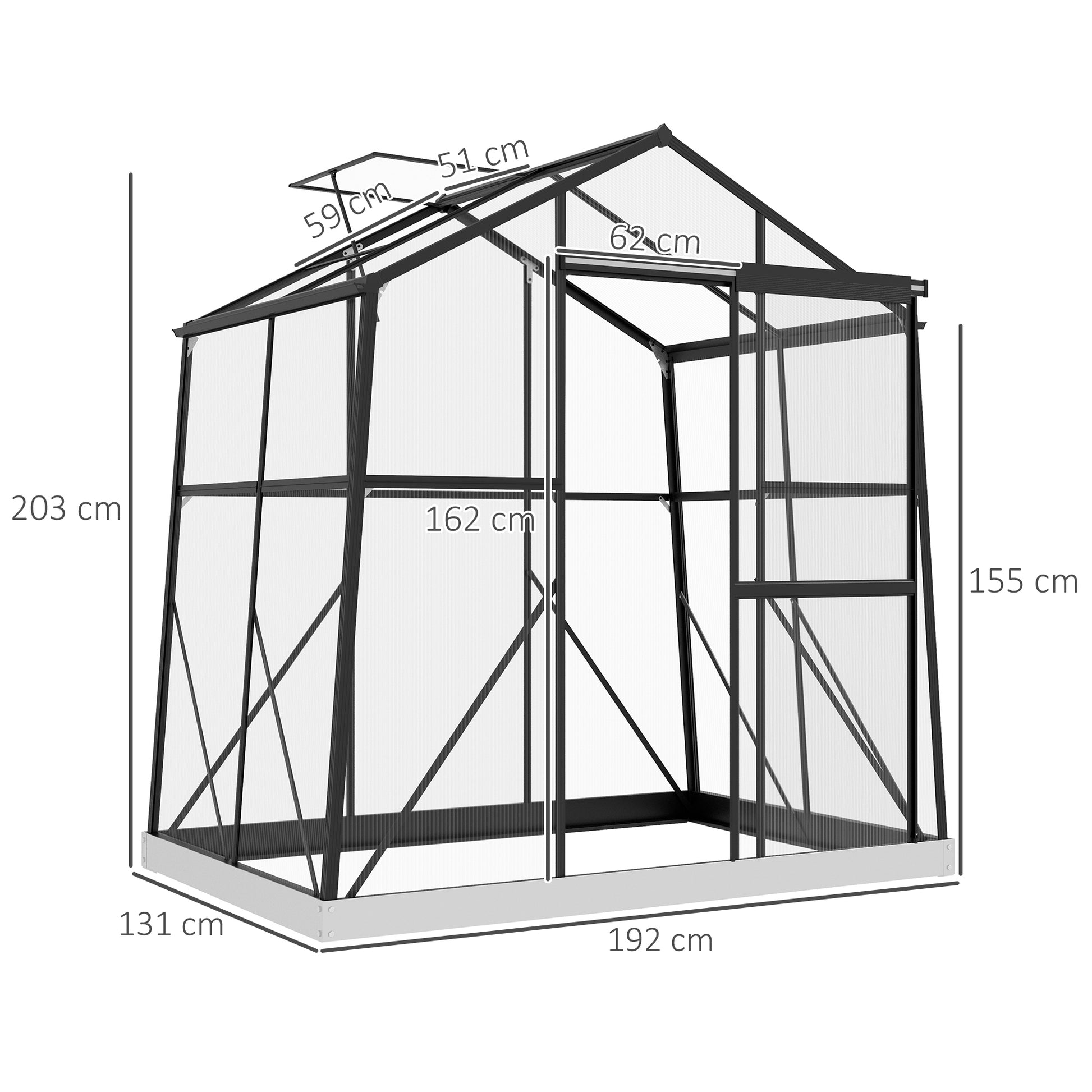 Greenhouse Aluminum 131 x 192 x 203 cm Greenhouse 2.51 m² Tomato House with Window, Sliding Door, Foundation, Plant Growing House for Garden, Balcony, Black