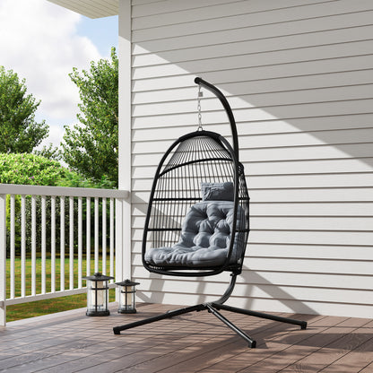 Egg Hanging Chair with Stand — Foldable PE Rattan Swing with UV-Resistant Cushion and Removable Headrest for Indoor & Outdoor, 331 lb Capacity, Dark Gray