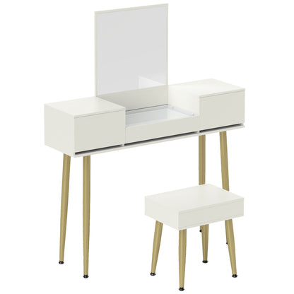 Dressing Table with Mirror and Stool, Makeup Table with 3 Drawers and Metal Legs, Tempered Glass Top, Dressing Desk for Bedroom, White