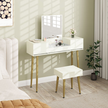 Dressing Table with Mirror and Stool, Makeup Table with 3 Drawers and Metal Legs, Tempered Glass Top, Dressing Desk for Bedroom, White