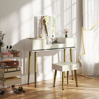 Dressing Table with Mirror and Stool, Makeup Table with 3 Drawers and Metal Legs, Tempered Glass Top, Dressing Desk for Bedroom, White