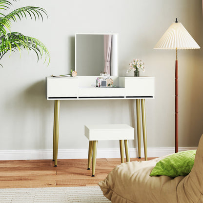 Dressing Table with Mirror and Stool, Makeup Table with 3 Drawers and Metal Legs, Tempered Glass Top, Dressing Desk for Bedroom, White