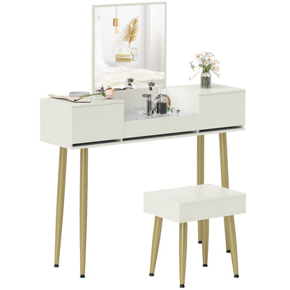 Dressing Table with Mirror and Stool, Makeup Table with 3 Drawers and Metal Legs, Tempered Glass Top, Dressing Desk for Bedroom, White