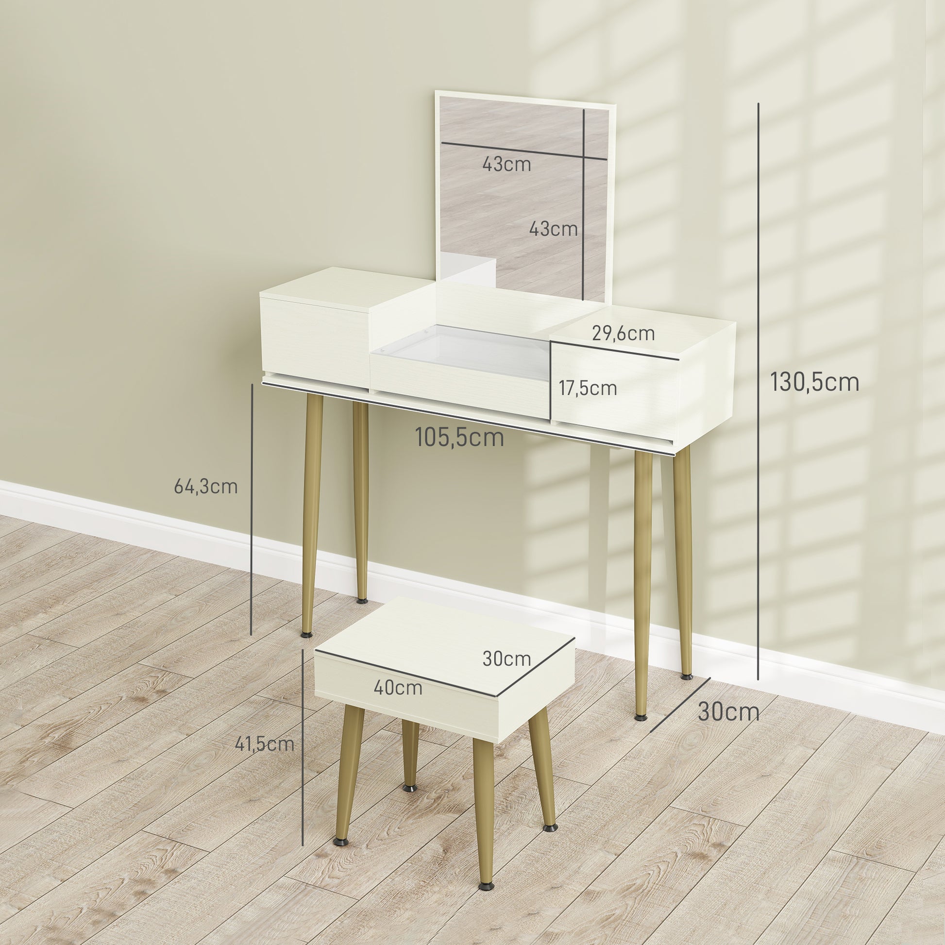 Dressing Table with Mirror and Stool, Makeup Table with 3 Drawers and Metal Legs, Tempered Glass Top, Dressing Desk for Bedroom, White