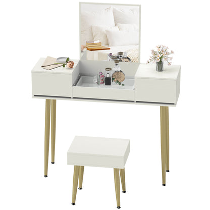 Dressing Table with Mirror and Stool, Makeup Table with 3 Drawers and Metal Legs, Tempered Glass Top, Dressing Desk for Bedroom, White