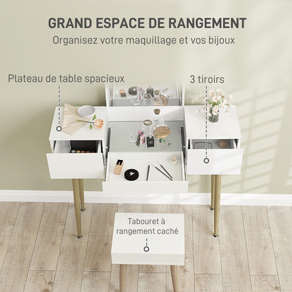 Dressing Table with Mirror and Stool, Makeup Table with 3 Drawers and Metal Legs, Tempered Glass Top, Dressing Desk for Bedroom, White