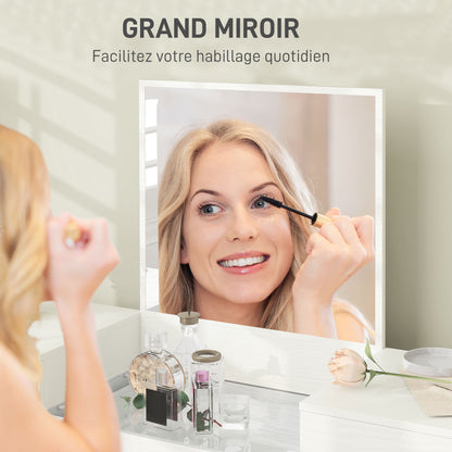 Dressing Table with Mirror and Stool, Makeup Table with 3 Drawers and Metal Legs, Tempered Glass Top, Dressing Desk for Bedroom, White