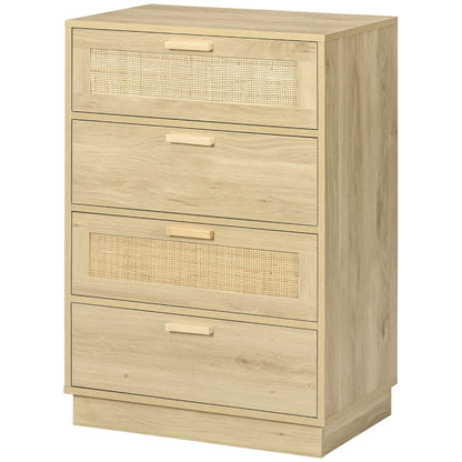 Nightstand with Rattan Mesh Drawers Bohemian Style Bedroom Dresser with Anti-Tip 60x38x88.5 cm Natural