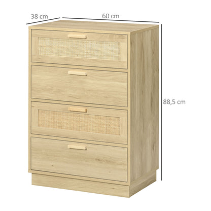 Nightstand with Rattan Mesh Drawers Bohemian Style Bedroom Dresser with Anti-Tip 60x38x88.5 cm Natural