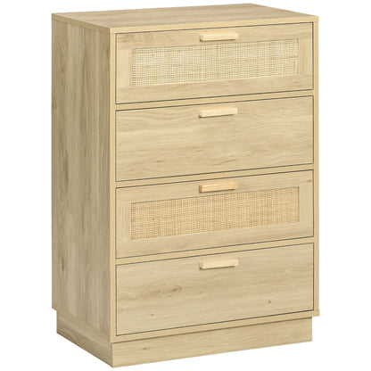 Nightstand with Rattan Mesh Drawers Bohemian Style Bedroom Dresser with Anti-Tip 60x38x88.5 cm Natural