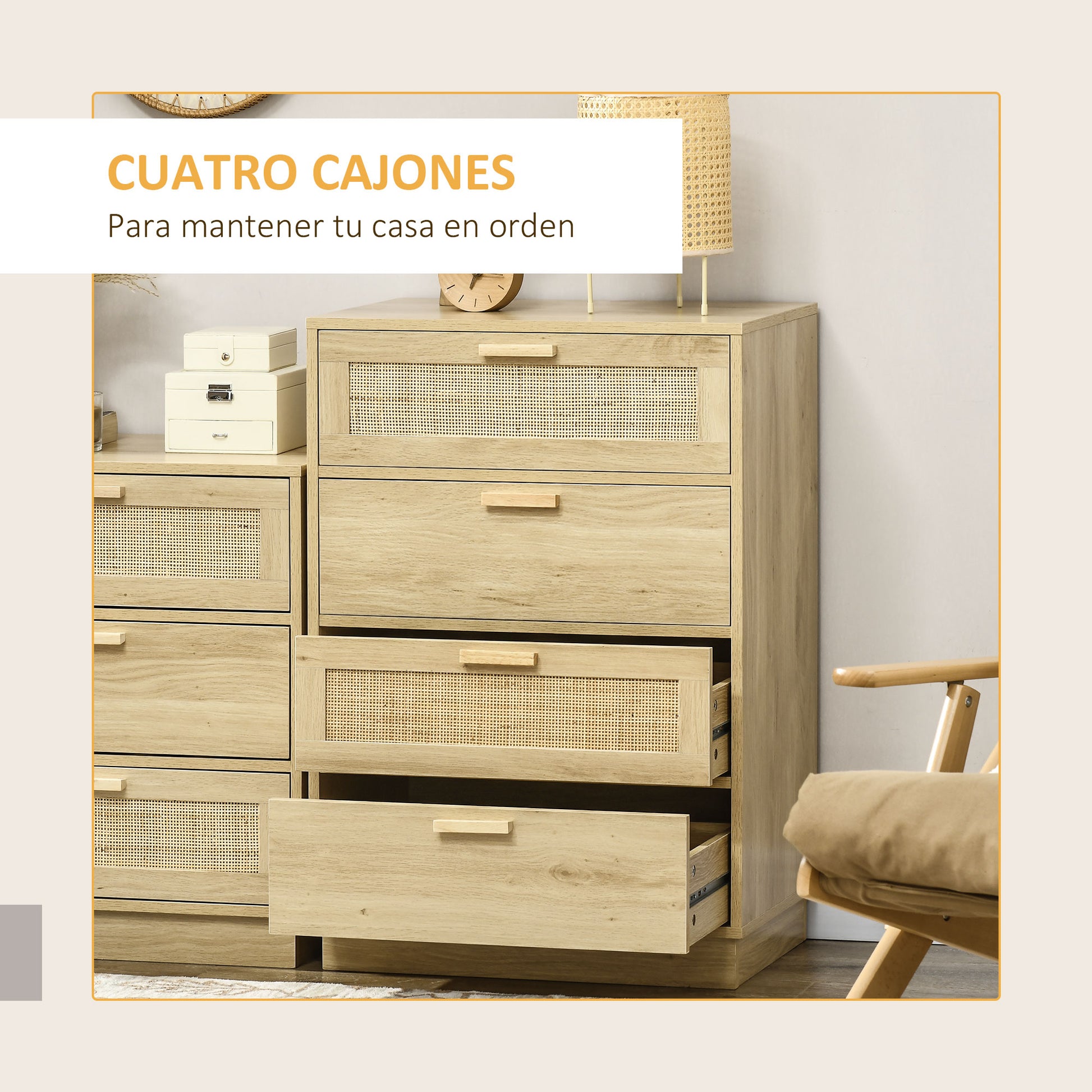 Nightstand with Rattan Mesh Drawers Bohemian Style Bedroom Dresser with Anti-Tip 60x38x88.5 cm Natural