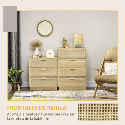 Nightstand with Rattan Mesh Drawers Bohemian Style Bedroom Dresser with Anti-Tip 60x38x88.5 cm Natural