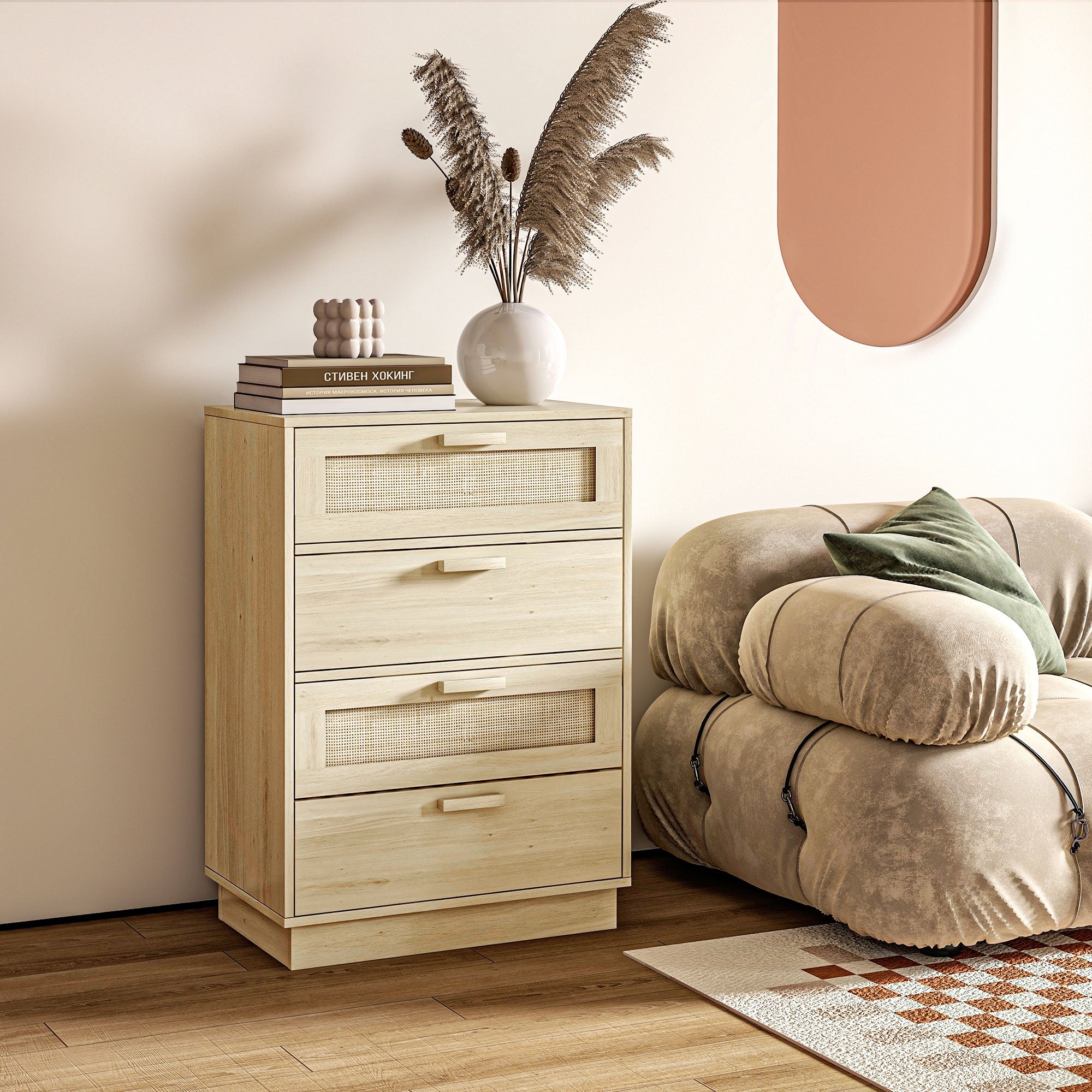 Nightstand with Rattan Mesh Drawers Bohemian Style Bedroom Dresser with Anti-Tip 60x38x88.5 cm Natural