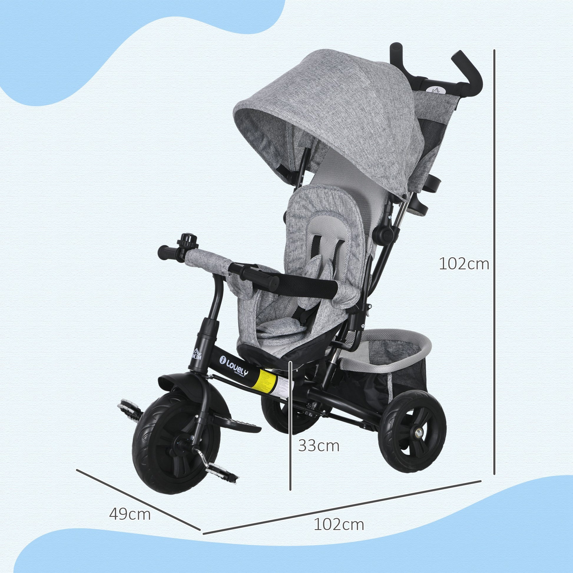 6-in-1 Tricycle with Push Handle, Kids Tricycle with Removable Sun Canopy, Cushion, Balance Bike with 5-Point Safety Belt, Basket, Cup Holder, for 1-5 Years Children, Gray