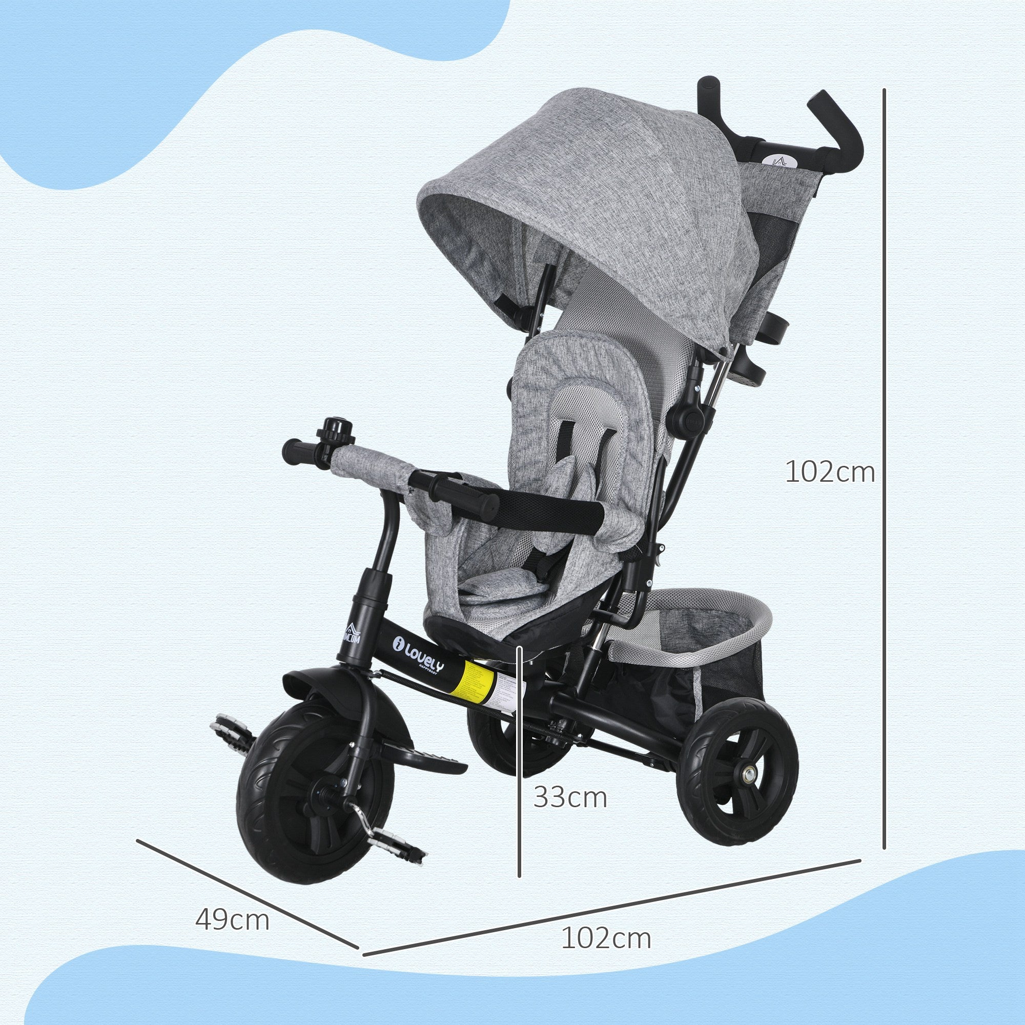 6-in-1 Tricycle with Push Handle, Kids Tricycle with Removable Sun Canopy, Cushion, Balance Bike with 5-Point Safety Belt, Basket, Cup Holder, for 1-5 Years Children, Gray