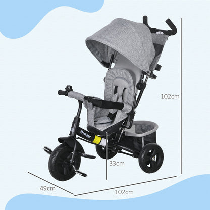 6-in-1 Tricycle with Push Handle, Kids Tricycle with Removable Sun Canopy, Cushion, Balance Bike with 5-Point Safety Belt, Basket, Cup Holder, for 1-5 Years Children, Gray