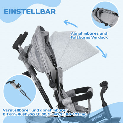 6-in-1 Tricycle with Push Handle, Kids Tricycle with Removable Sun Canopy, Cushion, Balance Bike with 5-Point Safety Belt, Basket, Cup Holder, for 1-5 Years Children, Gray