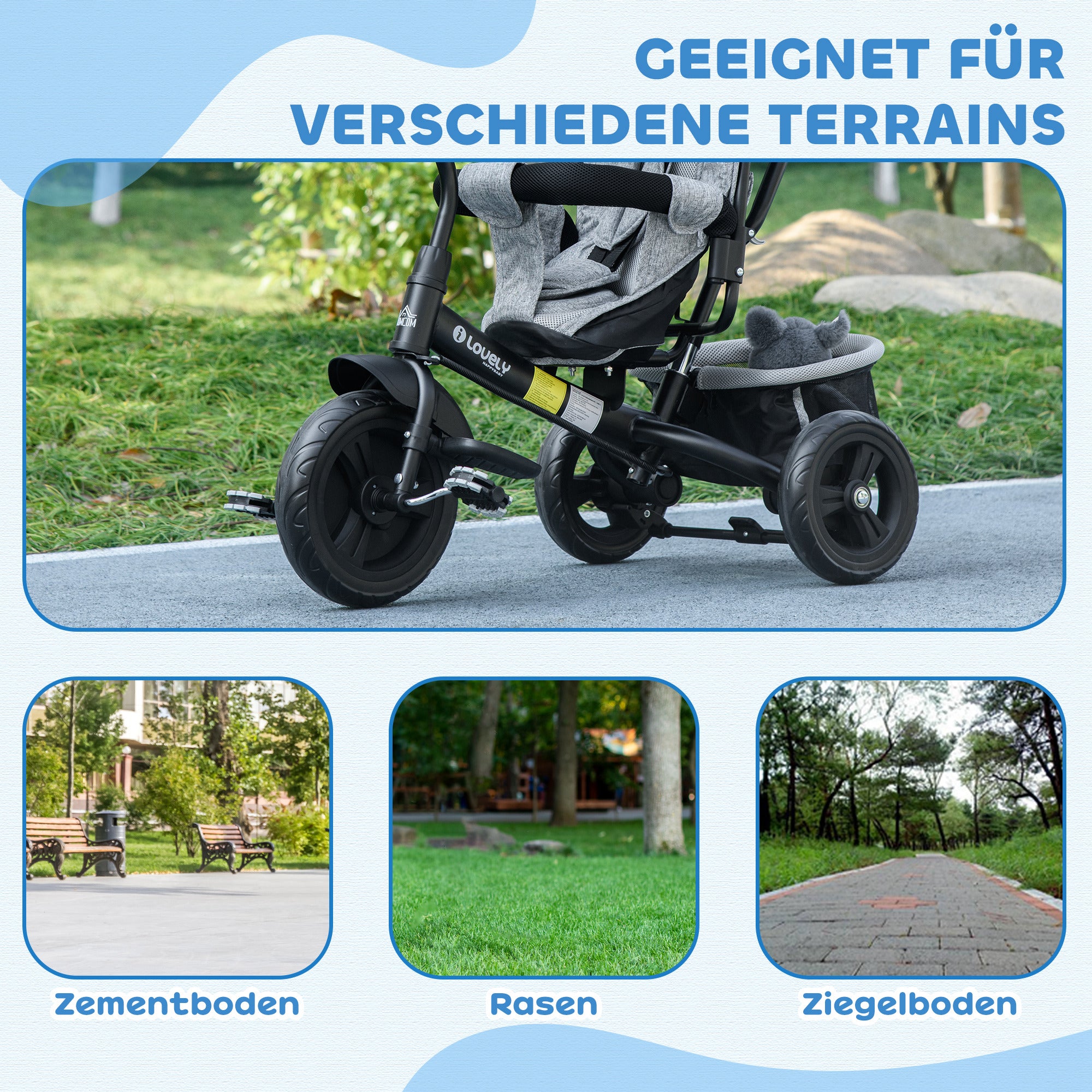 6-in-1 Tricycle with Push Handle, Kids Tricycle with Removable Sun Canopy, Cushion, Balance Bike with 5-Point Safety Belt, Basket, Cup Holder, for 1-5 Years Children, Gray