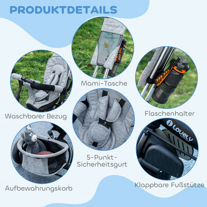 6-in-1 Tricycle with Push Handle, Kids Tricycle with Removable Sun Canopy, Cushion, Balance Bike with 5-Point Safety Belt, Basket, Cup Holder, for 1-5 Years Children, Gray