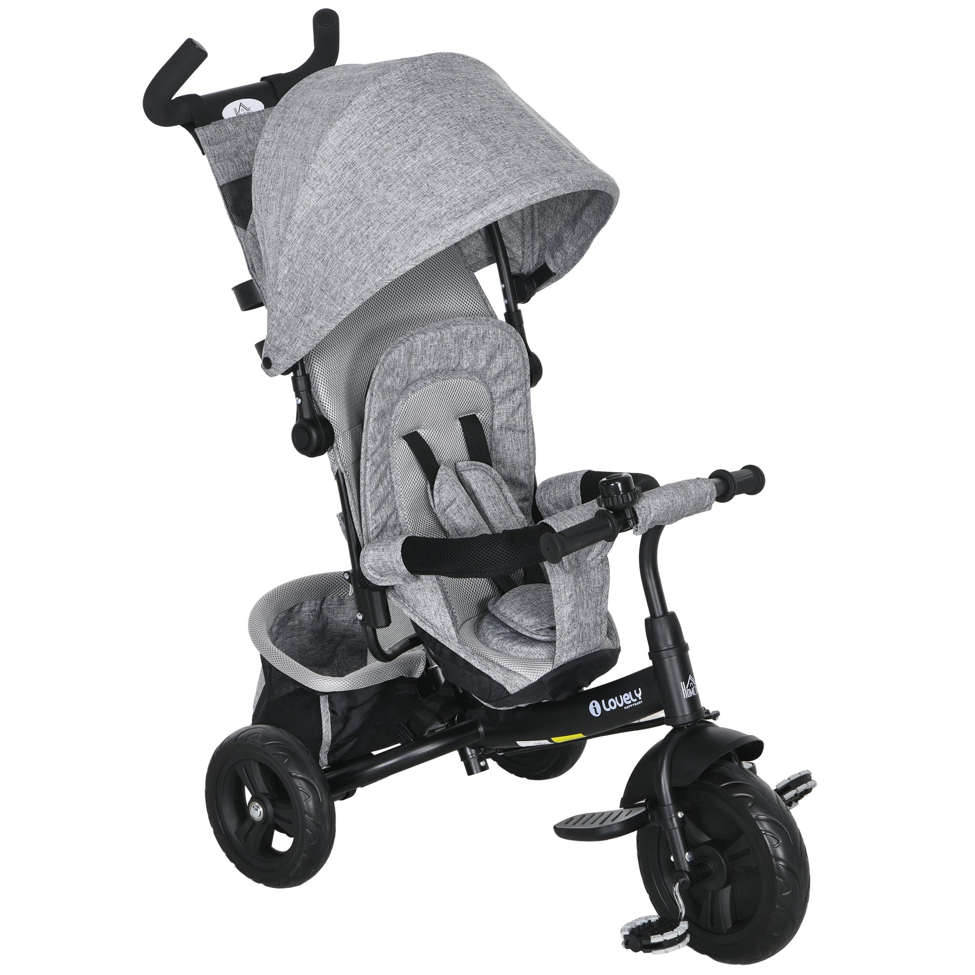 6-in-1 Tricycle with Push Handle, Kids Tricycle with Removable Sun Canopy, Cushion, Balance Bike with 5-Point Safety Belt, Basket, Cup Holder, for 1-5 Years Children, Gray