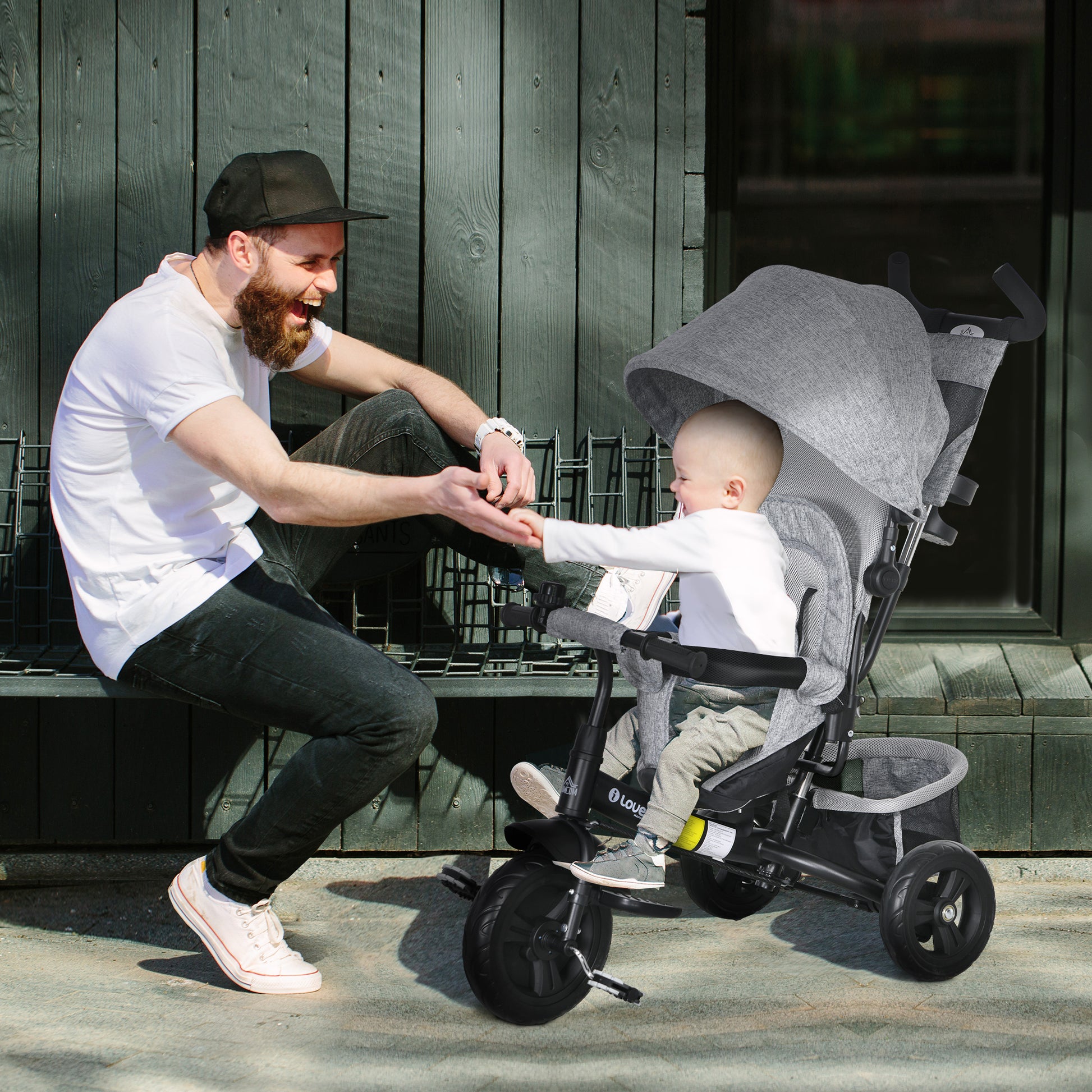 6-in-1 Tricycle with Push Handle, Kids Tricycle with Removable Sun Canopy, Cushion, Balance Bike with 5-Point Safety Belt, Basket, Cup Holder, for 1-5 Years Children, Gray