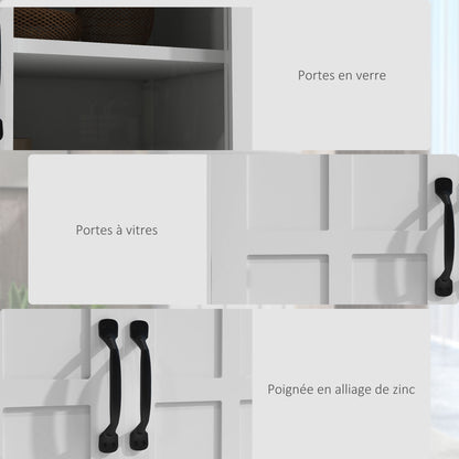 Contemporary Multi-Storage Kitchen Cabinet Buffet with 2 Glass Doors, 4 White Wood Shelves - White