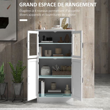 Contemporary Multi-Storage Kitchen Cabinet Buffet with 2 Glass Doors, 4 White Wood Shelves - White
