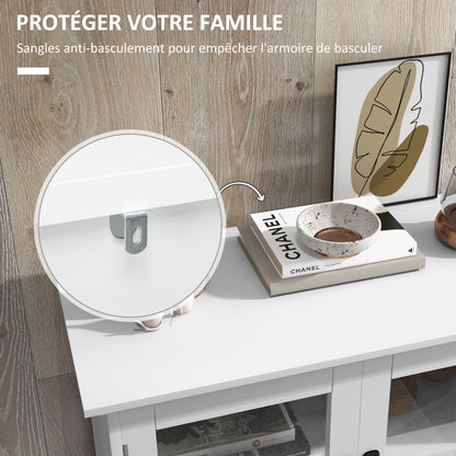 Contemporary Multi-Storage Kitchen Cabinet Buffet with 2 Glass Doors, 4 White Wood Shelves - White