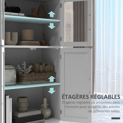 Contemporary Multi-Storage Kitchen Cabinet Buffet with 2 Glass Doors, 4 White Wood Shelves - White