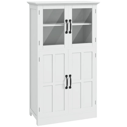 Contemporary Multi-Storage Kitchen Cabinet Buffet with 2 Glass Doors, 4 White Wood Shelves - White