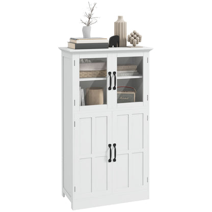 Contemporary Multi-Storage Kitchen Cabinet Buffet with 2 Glass Doors, 4 White Wood Shelves - White