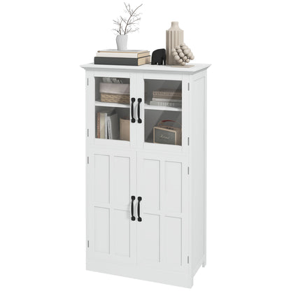 Contemporary Multi-Storage Kitchen Cabinet Buffet with 2 Glass Doors, 4 White Wood Shelves - White