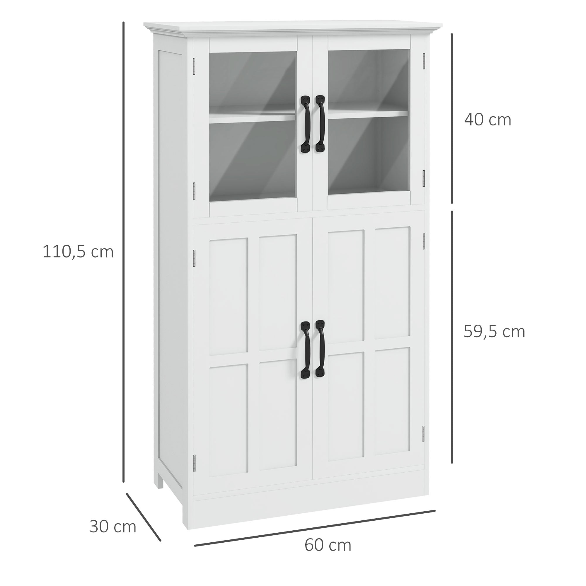 Contemporary Multi-Storage Kitchen Cabinet Buffet with 2 Glass Doors, 4 White Wood Shelves - White