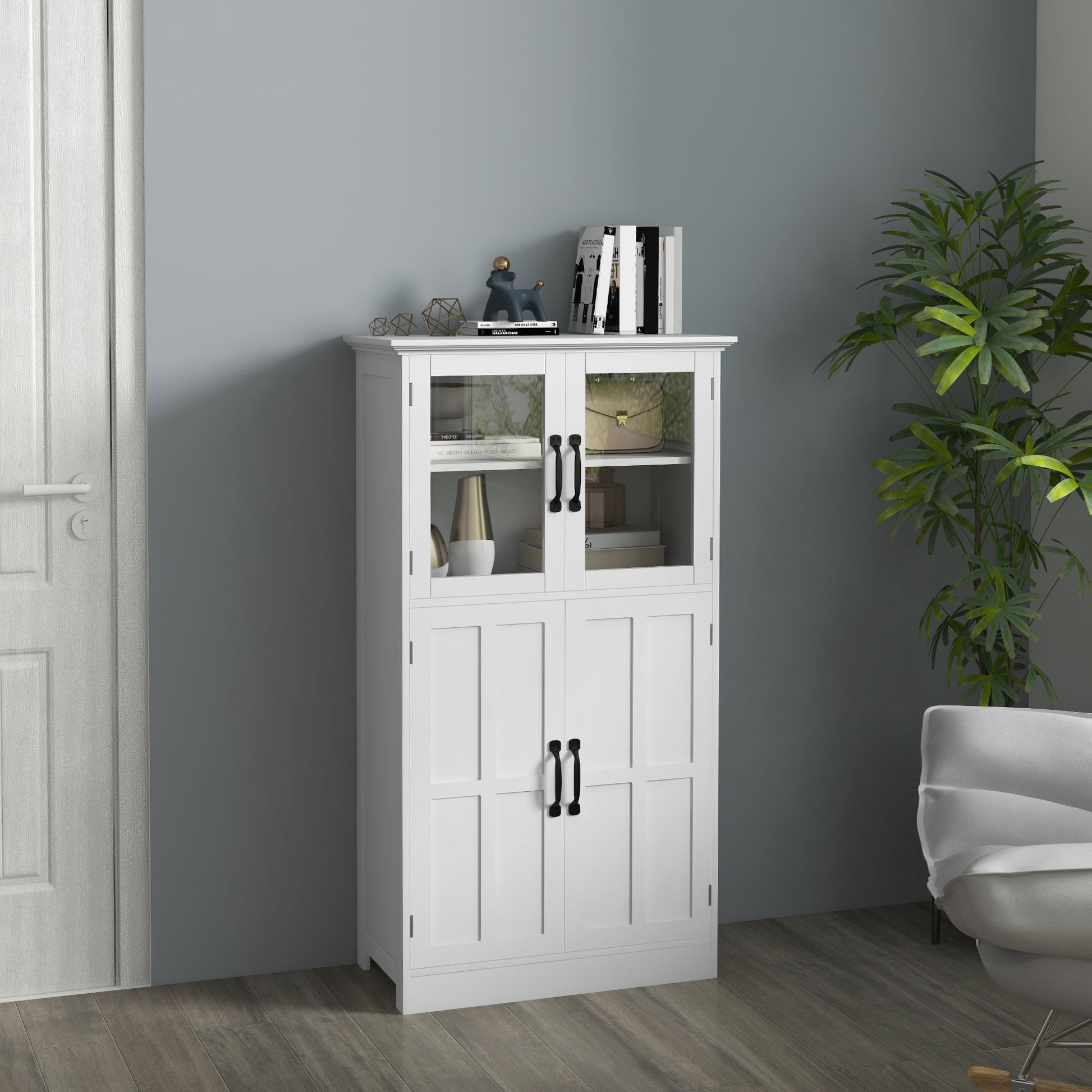 Contemporary Multi-Storage Kitchen Cabinet Buffet with 2 Glass Doors, 4 White Wood Shelves - White