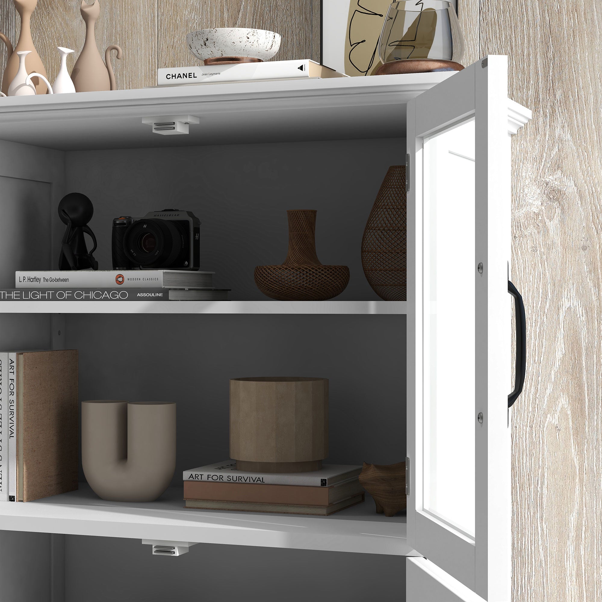 Contemporary Multi-Storage Kitchen Cabinet Buffet with 2 Glass Doors, 4 White Wood Shelves - White
