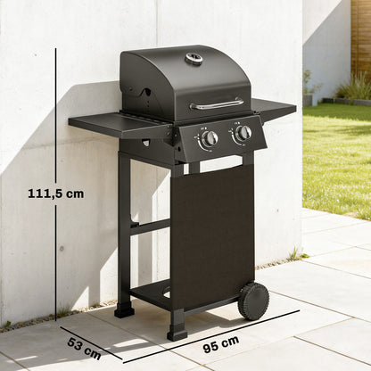 5.4 kW 2-Burner Propane Gas Grill Cart — Steel BBQ with Folding Side Shelves, Lid Thermometer, Chrome Cooking Grates, Warming Rack, Wheels & Storage Cabinet — Black