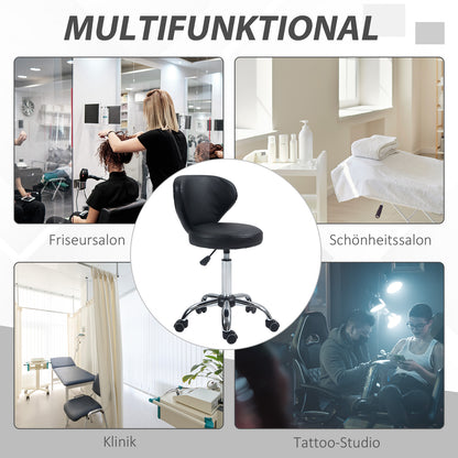 rolling stool adjustable height swivel salon stool with backrest, wheels, work stool for office, living room, faux leather, 45 x 54 x 73-88 cm, black