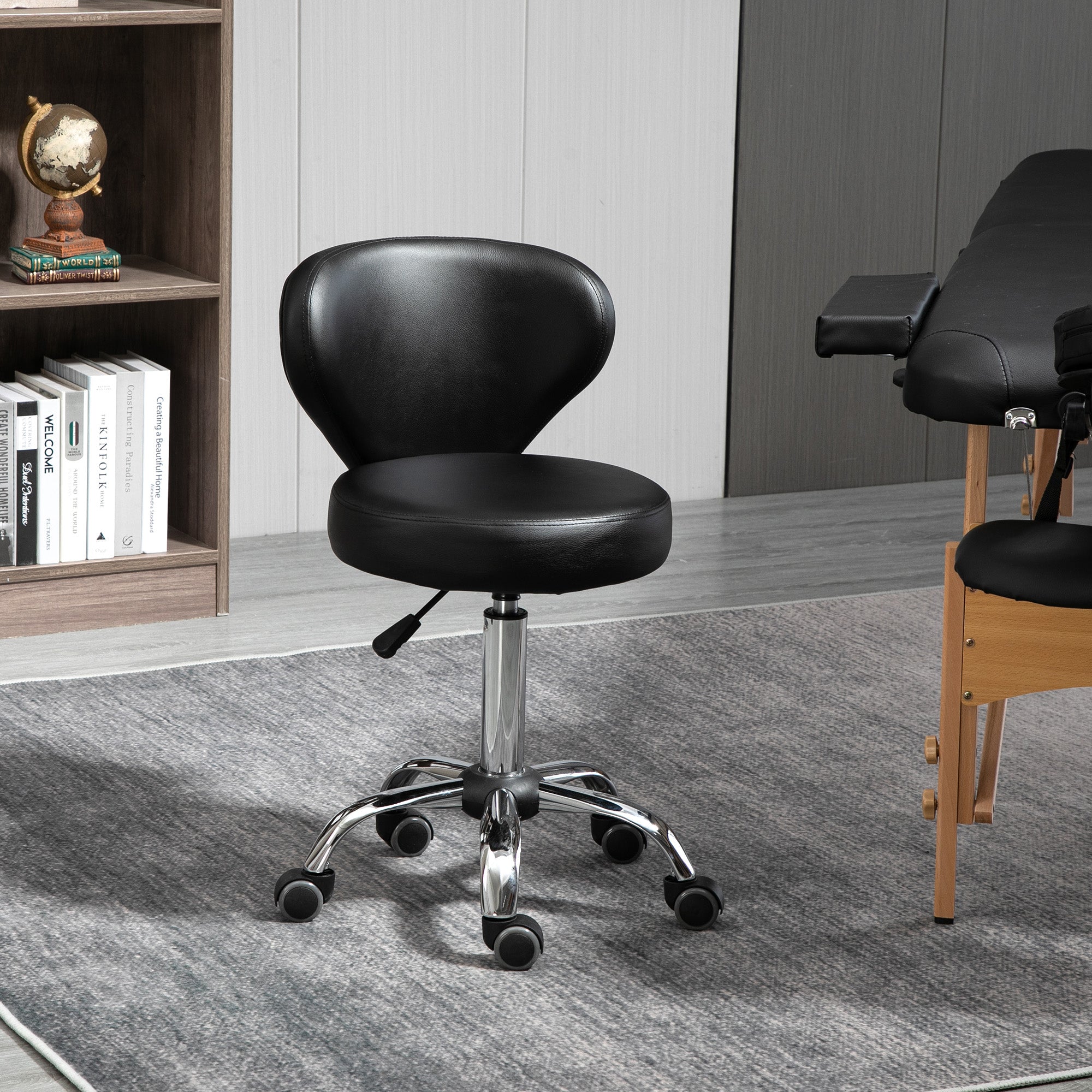 rolling stool adjustable height swivel salon stool with backrest, wheels, work stool for office, living room, faux leather, 45 x 54 x 73-88 cm, black