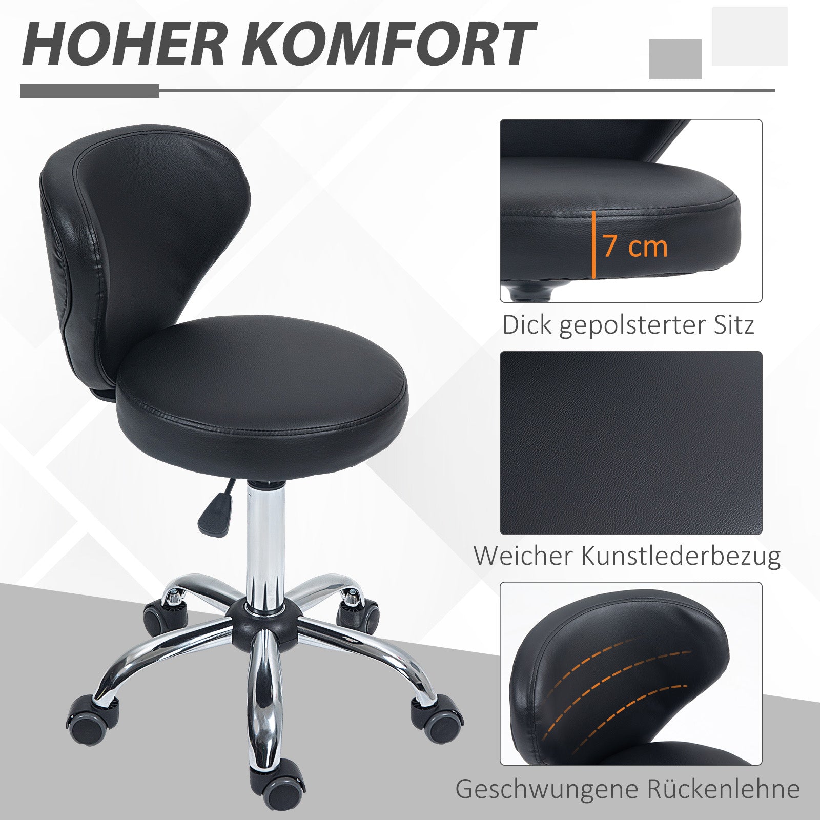 rolling stool adjustable height swivel salon stool with backrest, wheels, work stool for office, living room, faux leather, 45 x 54 x 73-88 cm, black