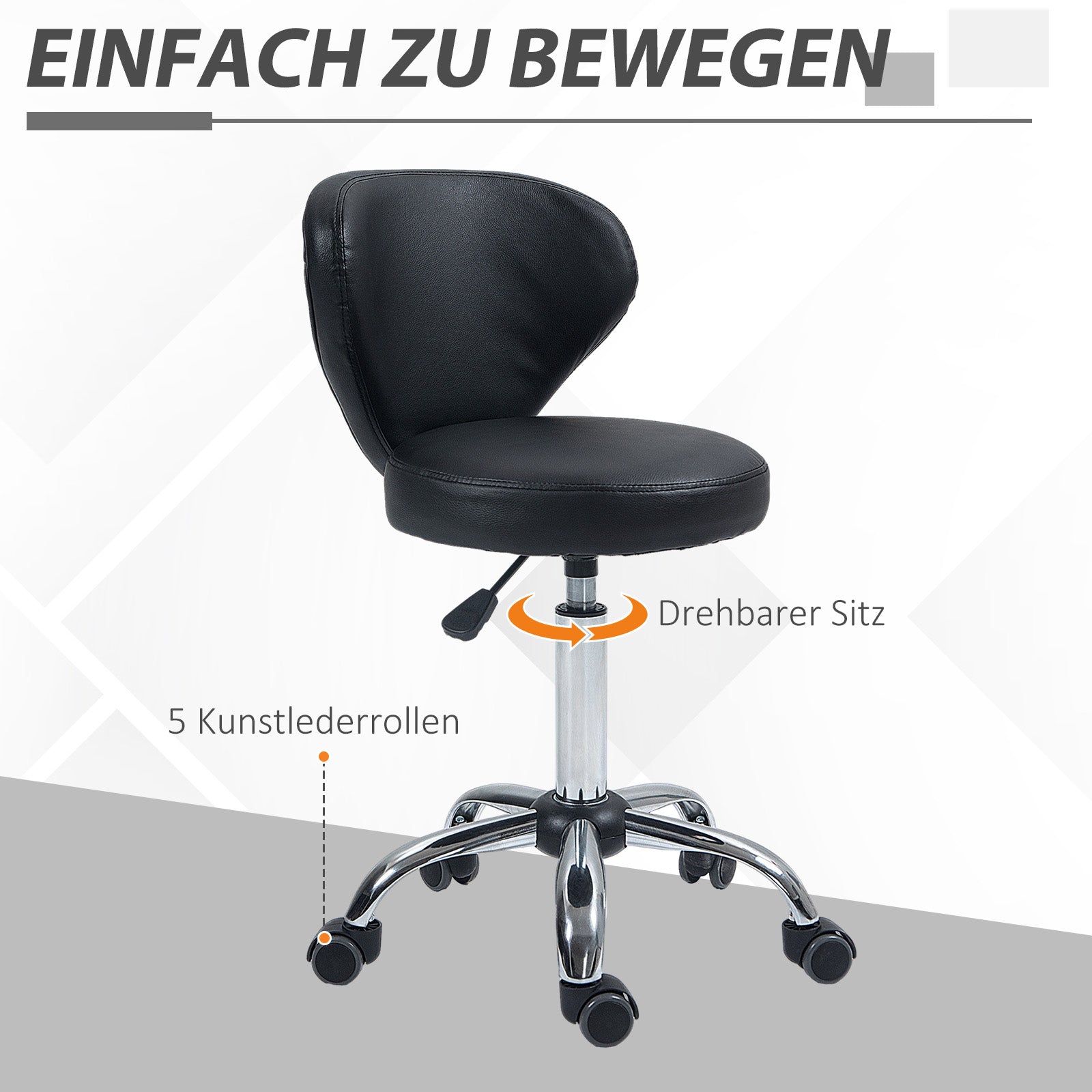 rolling stool adjustable height swivel salon stool with backrest, wheels, work stool for office, living room, faux leather, 45 x 54 x 73-88 cm, black
