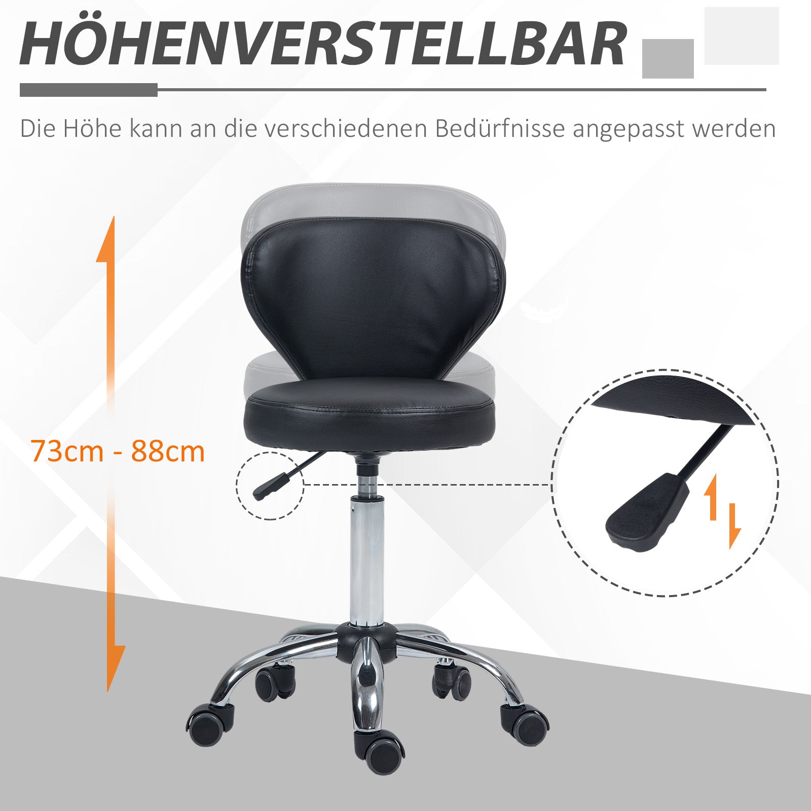rolling stool adjustable height swivel salon stool with backrest, wheels, work stool for office, living room, faux leather, 45 x 54 x 73-88 cm, black