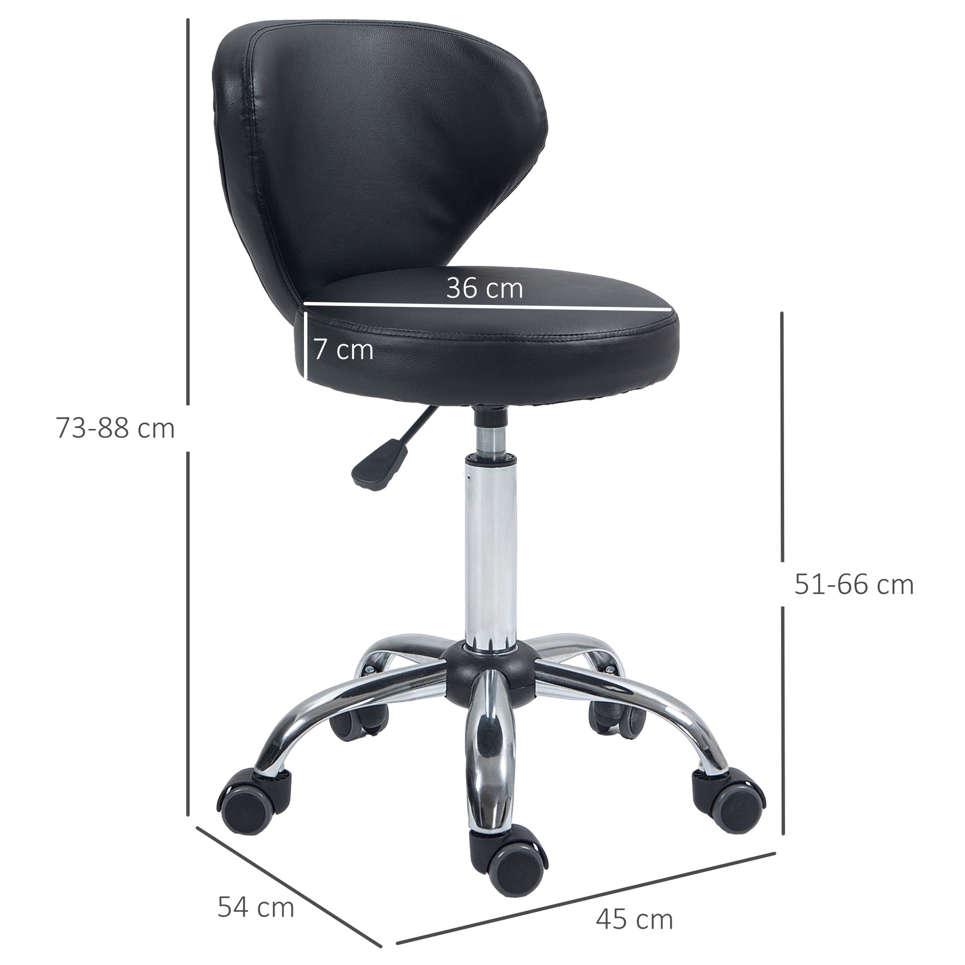 rolling stool adjustable height swivel salon stool with backrest, wheels, work stool for office, living room, faux leather, 45 x 54 x 73-88 cm, black