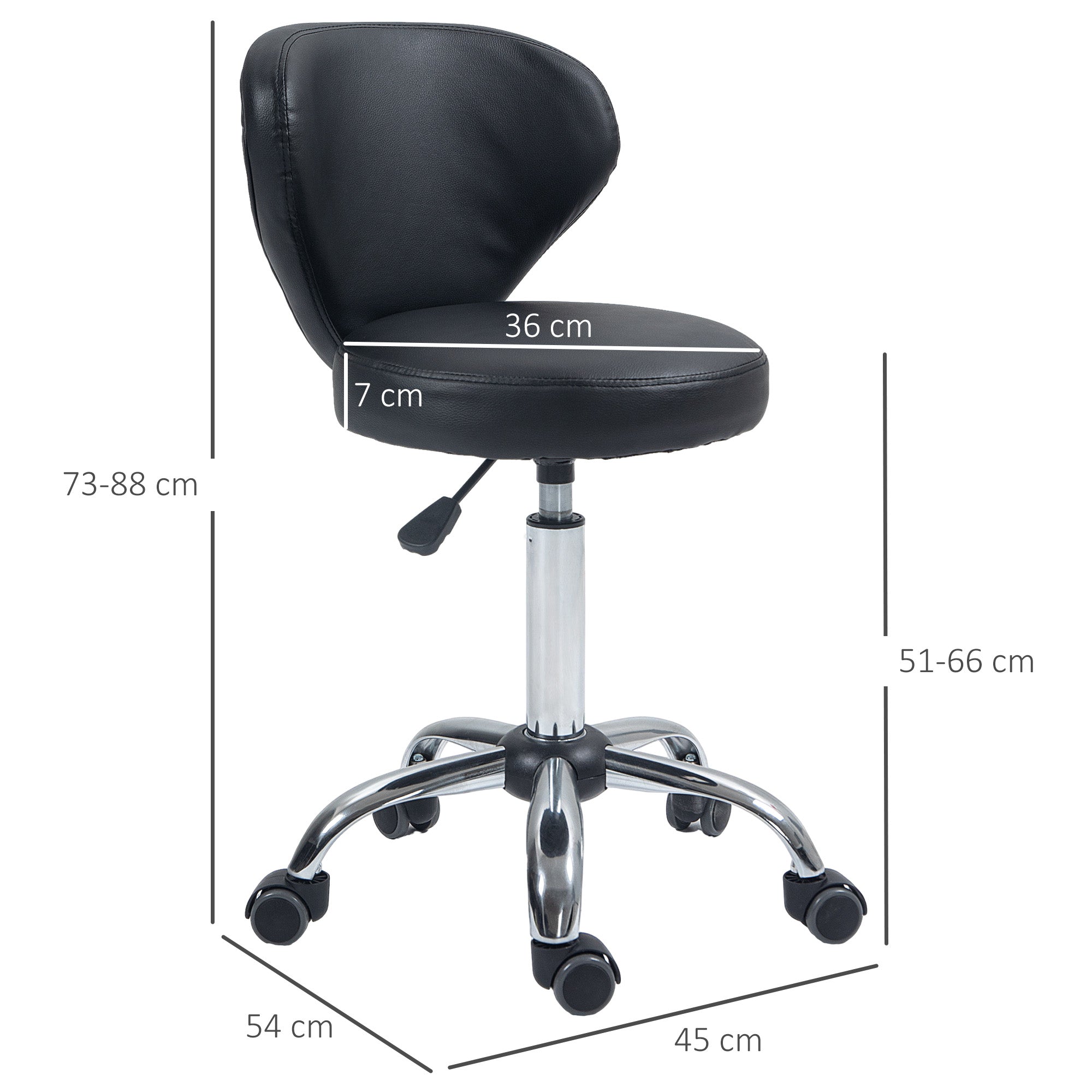 rolling stool adjustable height swivel salon stool with backrest, wheels, work stool for office, living room, faux leather, 45 x 54 x 73-88 cm, black