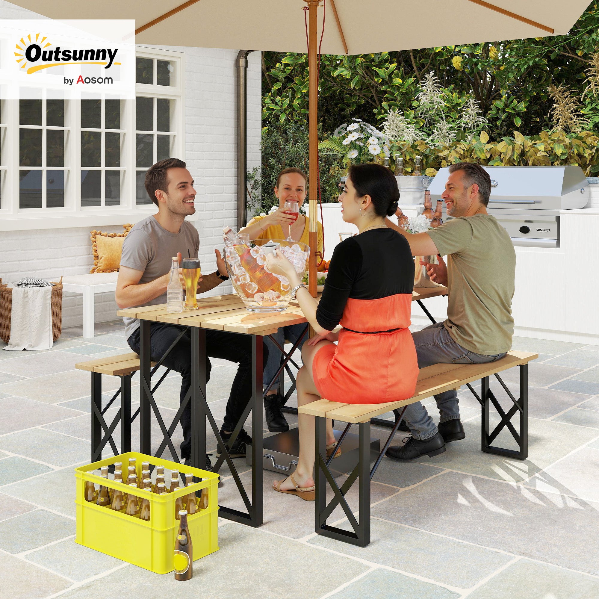 Wooden Table and Benches Set, Wooden Picnic Table with Bench for 6 to 8 People, 160 cm, with 5 cm Parasol Hole, Steel Frame, Brown