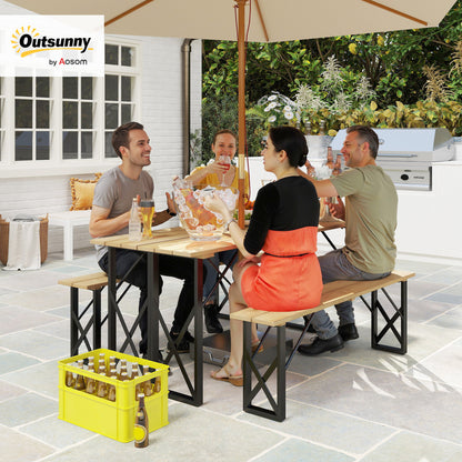 Wooden Table and Benches Set, Wooden Picnic Table with Bench for 6 to 8 People, 160 cm, with 5 cm Parasol Hole, Steel Frame, Brown