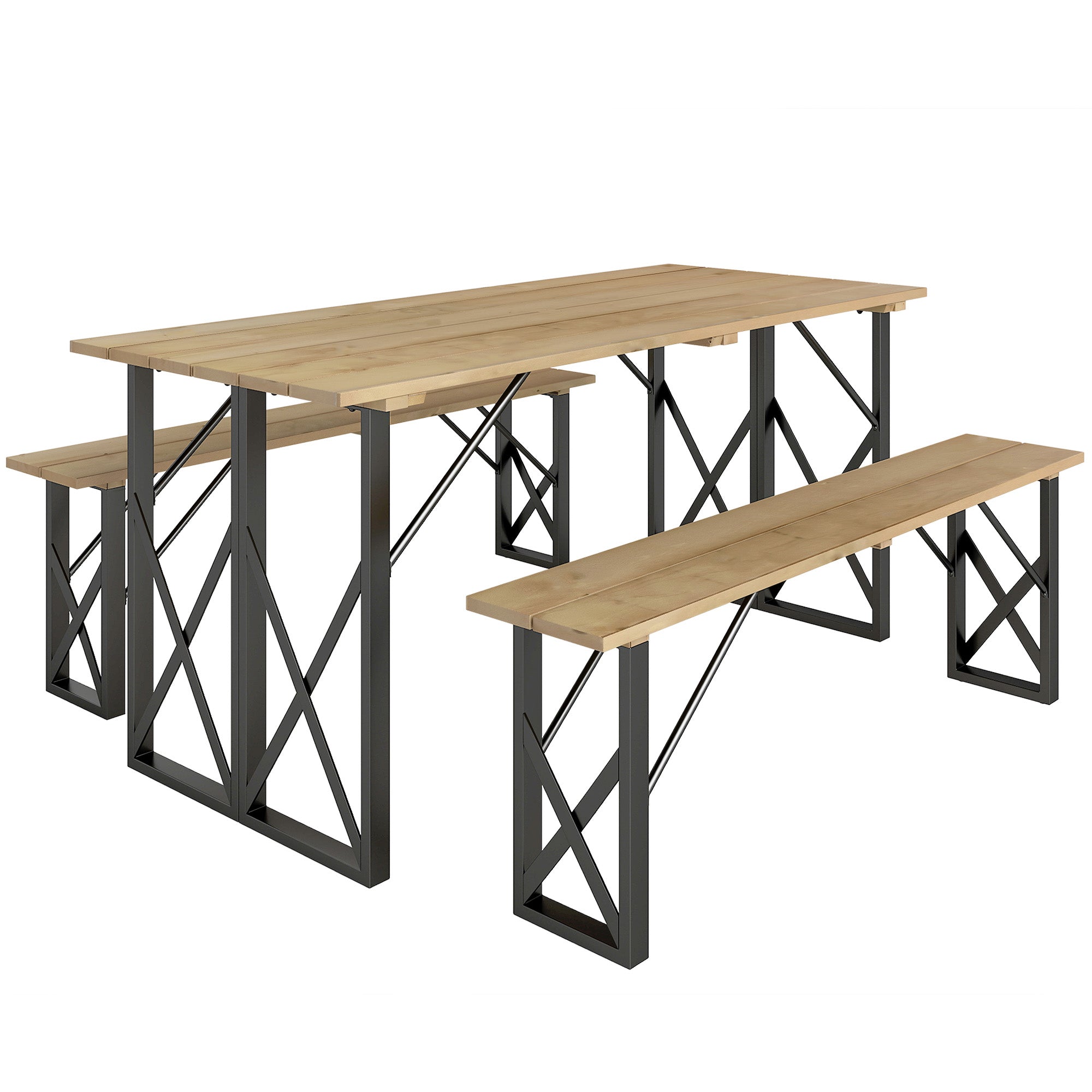 Wooden Table and Benches Set, Wooden Picnic Table with Bench for 6 to 8 People, 160 cm, with 5 cm Parasol Hole, Steel Frame, Brown